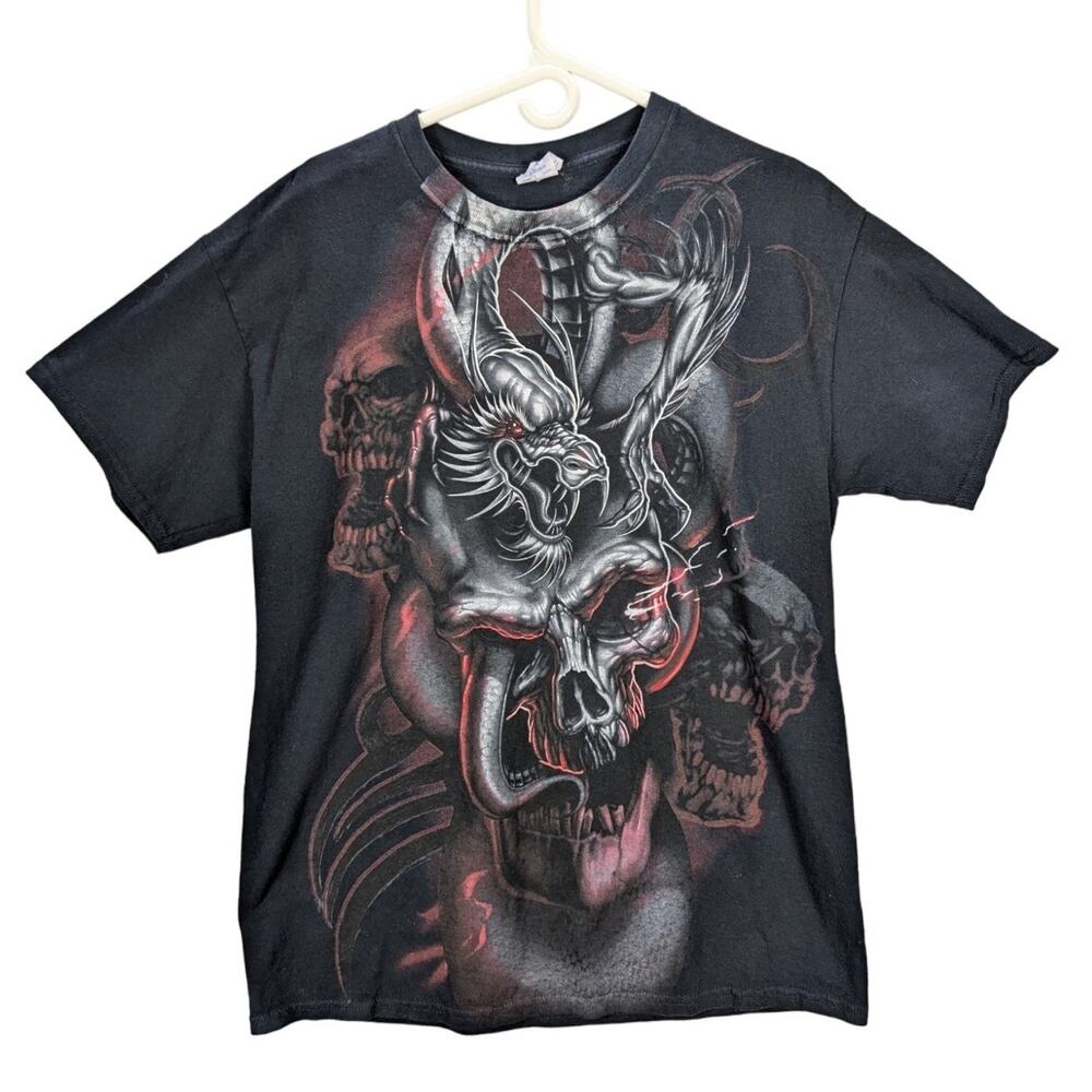 Skull Shirt Mens Large Black Graphic Dragon Punk Skater Grunge 90s Halloween
